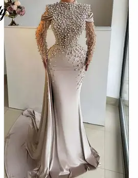 Aenyrst Light Beige Satin فساتين السهرة High - Neckline Party Dresses Pearl - Embellished and Mesh - Sleeve Mermaid 1