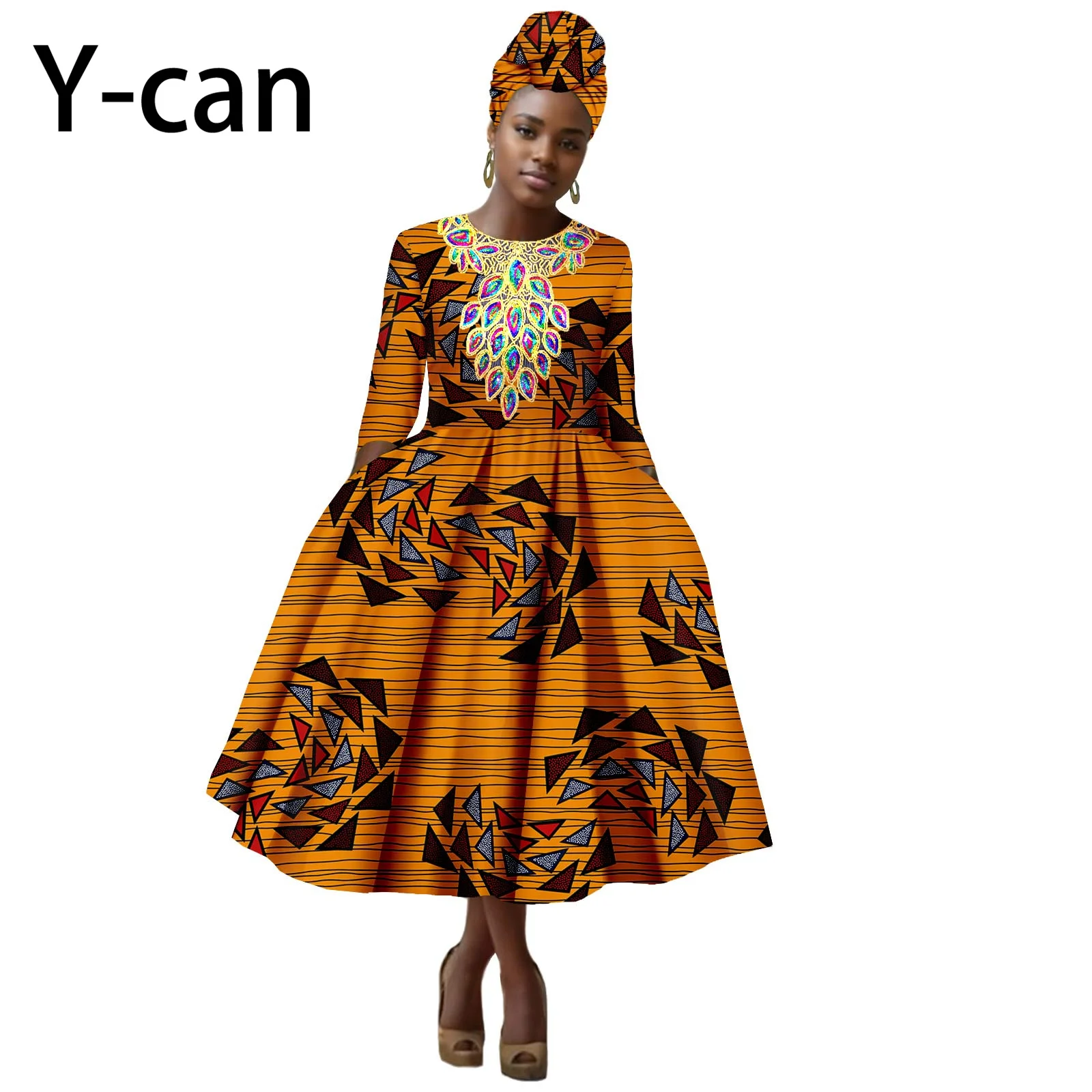 African Women Dress O-neck Colored Embroidery A-line Dress Bazin Batik Dashiki Print Women Dress with Headscarf 2425153