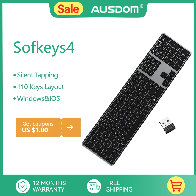 Asusdom-teclado sem Fio Bluetooth Sofkeys4 Modo Duplo Zona de Teclas Teclado Office Home Silencioso 110 Teclas pc Computador Ipad Telefone