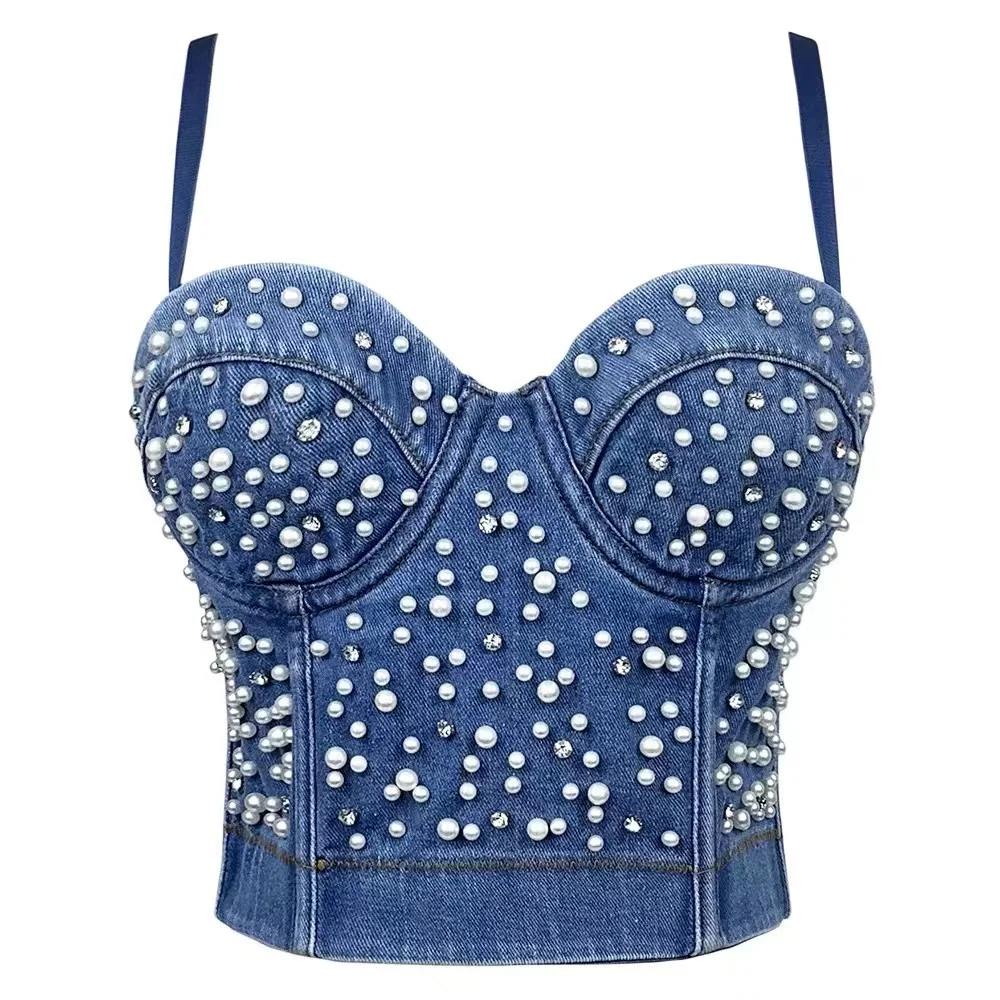 

Tops Y2k Denim Women's Spaghetti Strap Diamonds Ripped Push Up Bustier Night Club Party Crop Top Corset Camise Vest