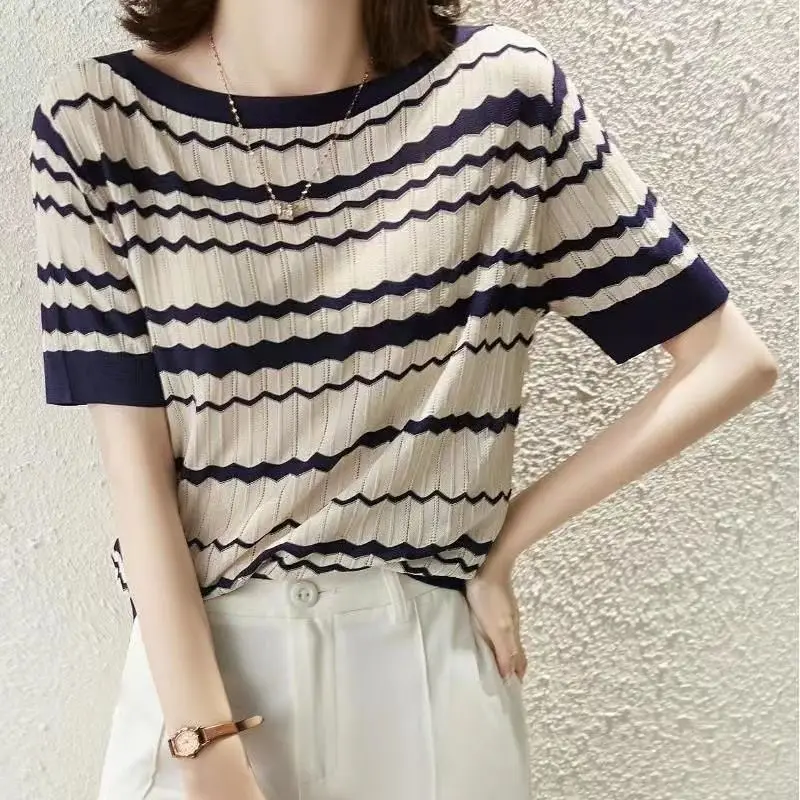 

Fashion O-Neck Spliced Hollow Out Striped Blouse Women Clothing 2023 Spring New Loose Casual Tops Short Sleev Office Lady Shirt
