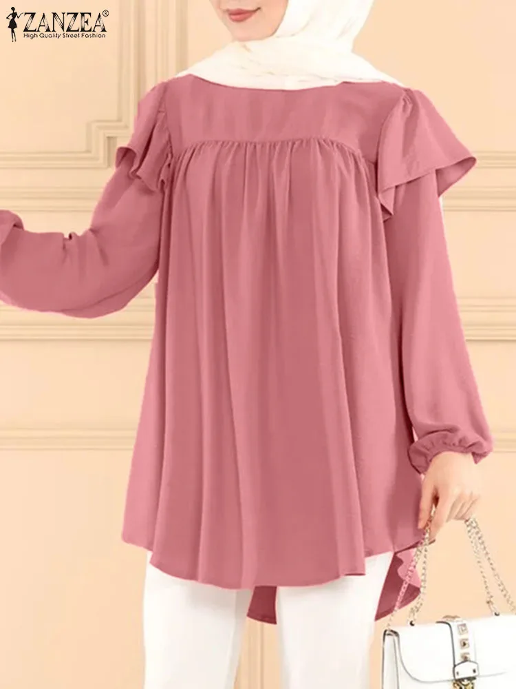 

ZANZEA Elegant Solid Blouse Muslim Full Sleeve O-Neck Ruffles Islamic Clothing Autumn Female Fashion Loose Dubai Turkey Tops