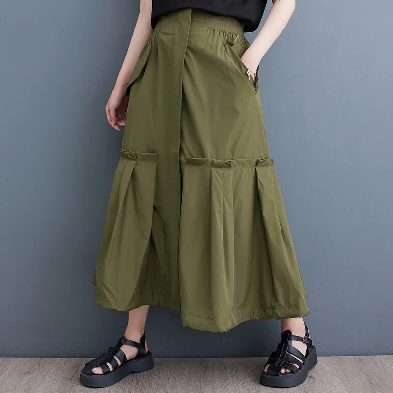 

#3050 Summer Asymmetrical Skirts Women Black Green Streetwear A-line Skirt Split Joint Ruffles Ladies Skirt Thin High Waisted