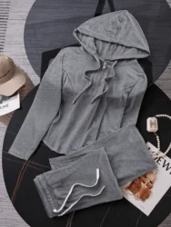 High - End Fashion Women's Stylish Hooded Sweatshirt and Wide - Leg Pants Set - XXL (Grey)
