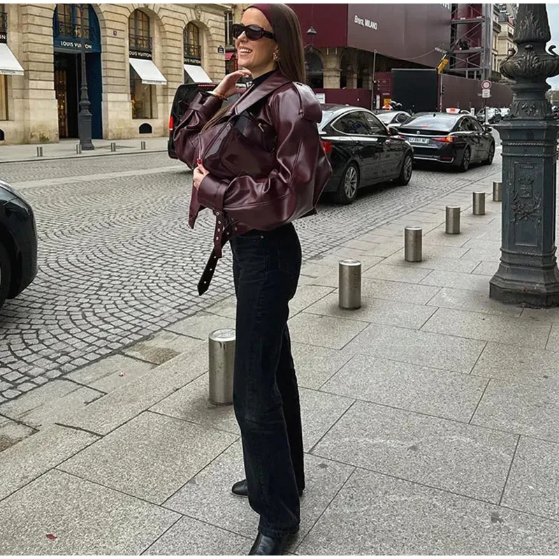 Casual Leather Short Leather Jacket With Belt Lapel Long Sleeved Cropped Coat New Fashion Lady Street Party New Outwears _