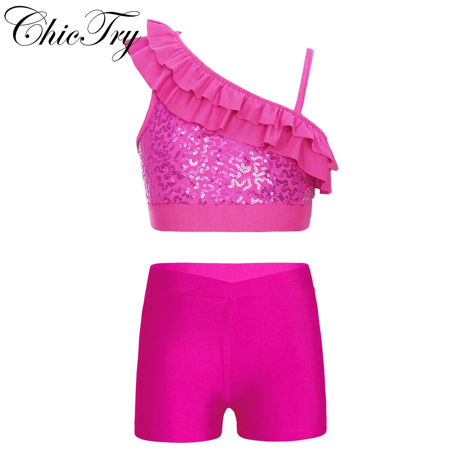 

Kids Girls Ballet Dance Sets Asymmetrical Ruffle Straps Sequins Crop Top with Shorts for Sports Dance Performance Competition