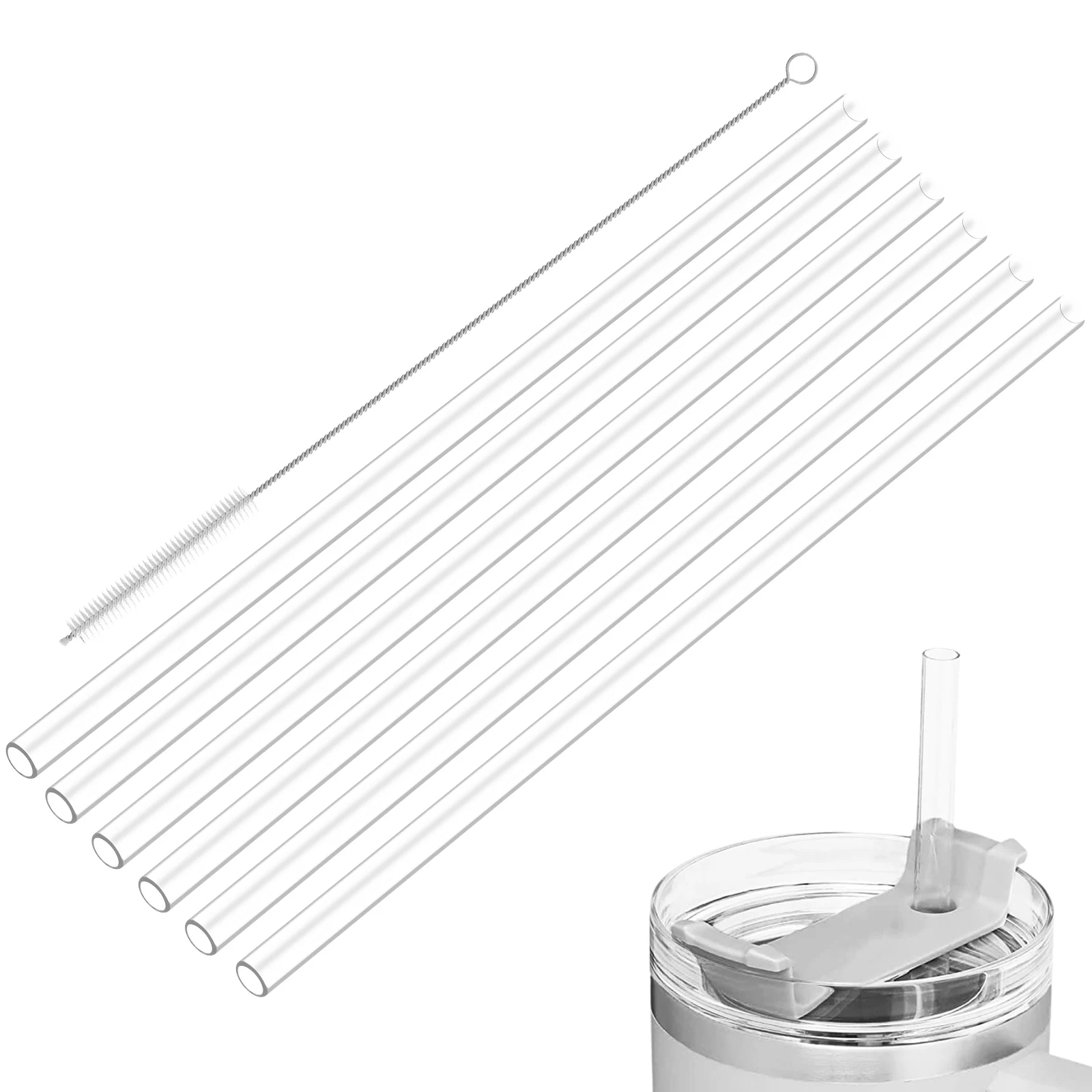 6Pcs Replacement Straws Plastic Clear Reusable Straw with Cleaning Brush 30cm Drinking Straws for Water Bottle Travel Tumblers