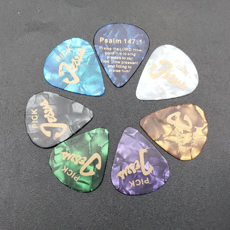 100PC JESUS Celluloid Guitar Pick 0.71MM Golden Words Romans 10:13 Psalm 149:1 & Psalm 147:1 Mix Color
