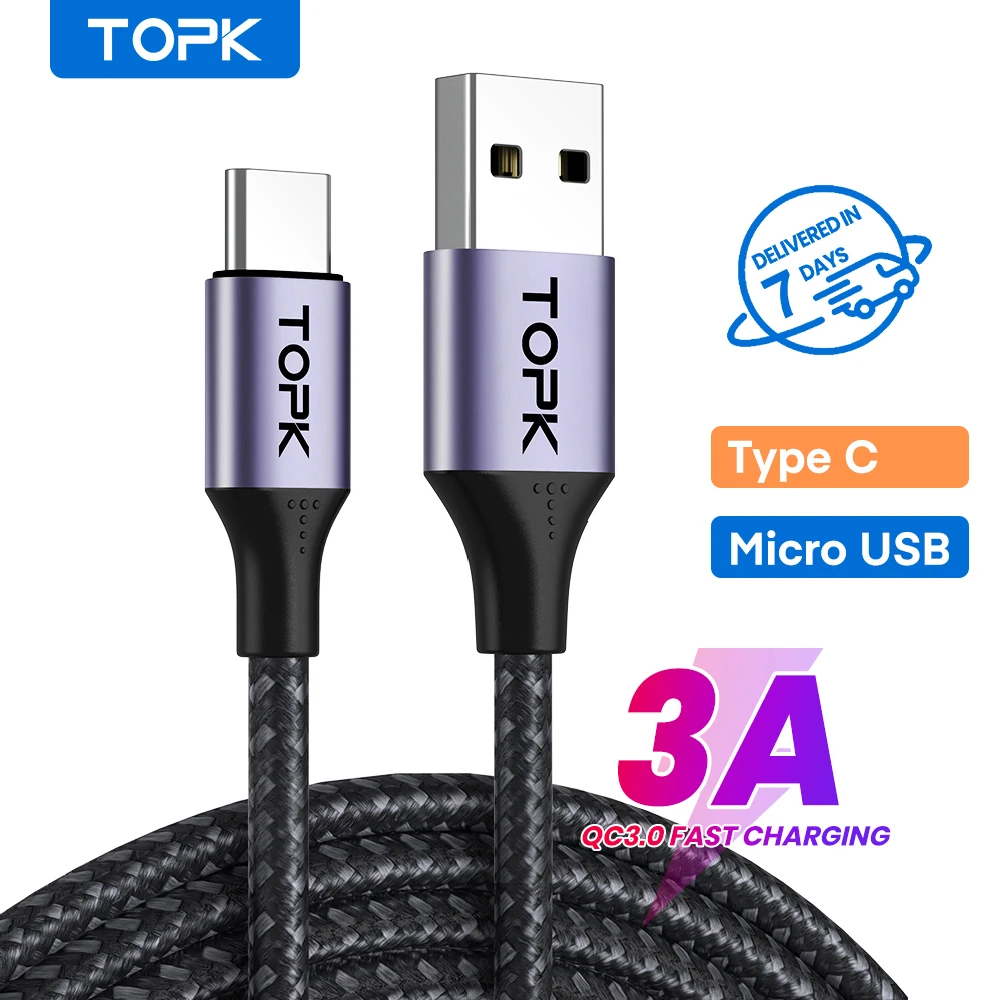 TOPK AN10 3A Micro USB Type C Phone Charger Charging Cable Cord Quick Charge Mobile Phone Cables Wire for Xiaomi Redmi Note 10 9