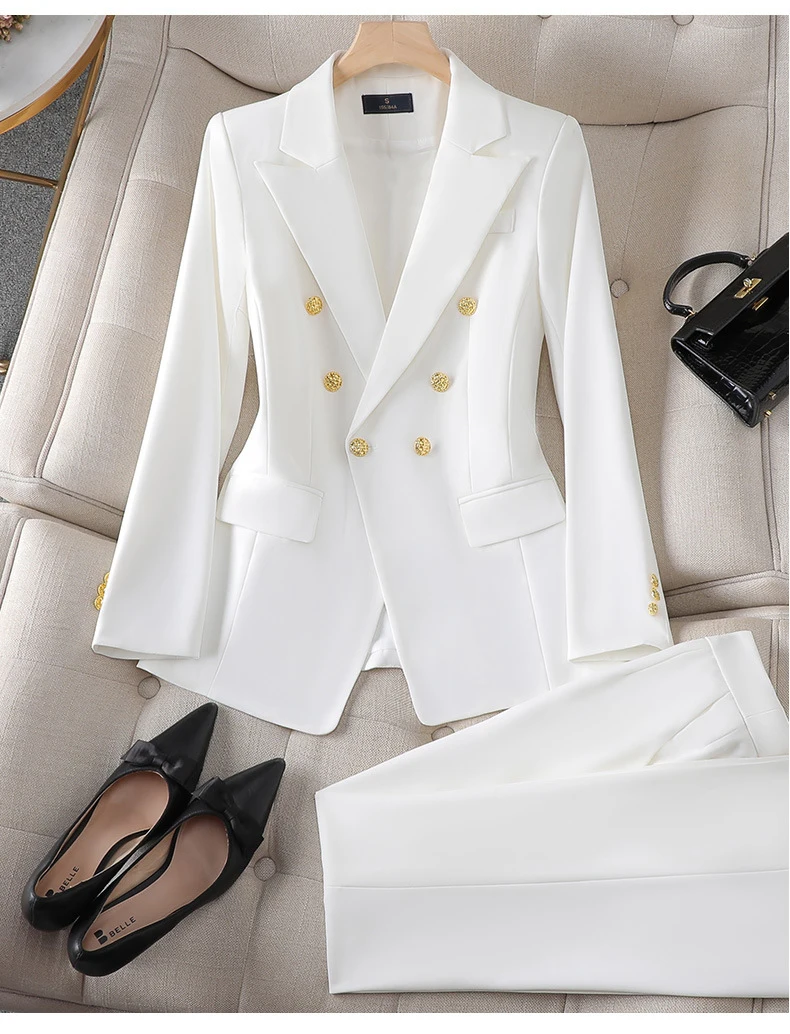 High Quality Women Pant Suit Rose Red Pink White New Fashion Formal Ladies  Jacket And Trouser Business Office 2 Piece Blazer Set