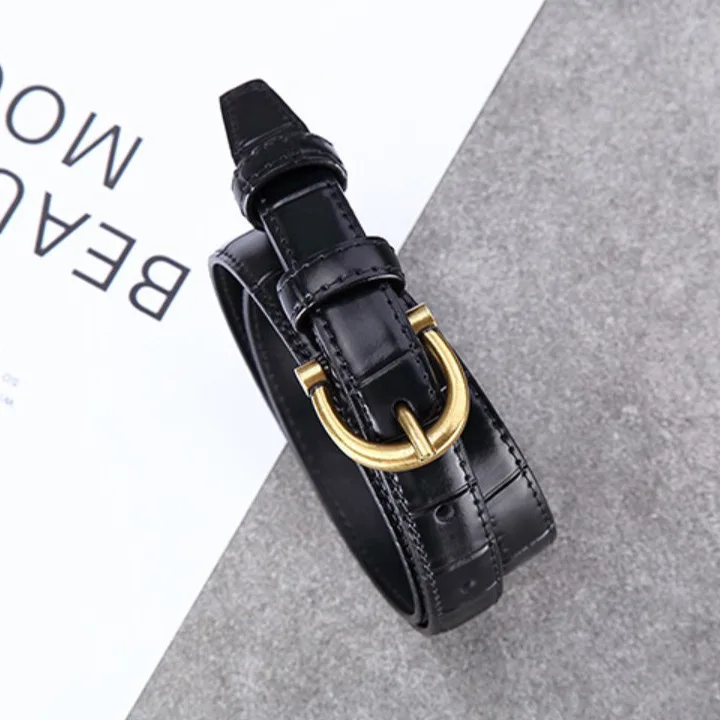 Women's Leather Belt Crocodile Pattern Decorative Match Jeans Suit Dress Slim Waist Genuine Black Leather Pants Waist Belt