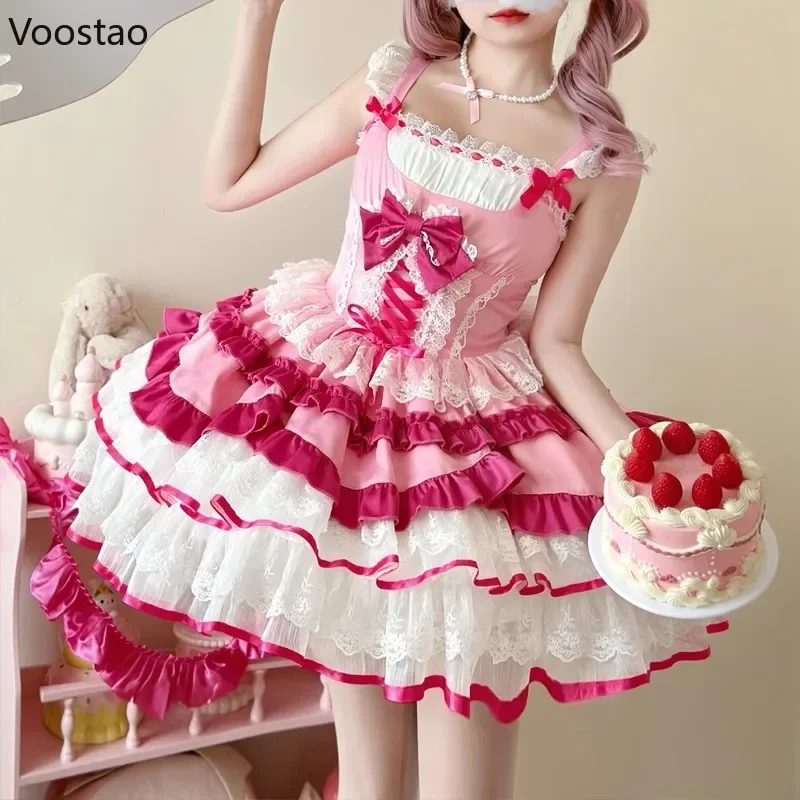 Lolita Dress Japanese Sweet Lolita Jsk Dress Women Kawaii Lace Ruffles Bow Bandage Slim Princess Dresses Girls Y2k Cute Tea Party Mini Dress Lolita Suspender Dress Lolita Cosplay Costumes
