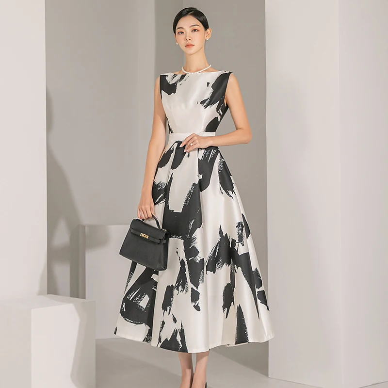 

2023 Summer Formal Dresses Black and White Print Sleeveless Vest A-line Long Dress Elegant Slim Bodycon Party Dress