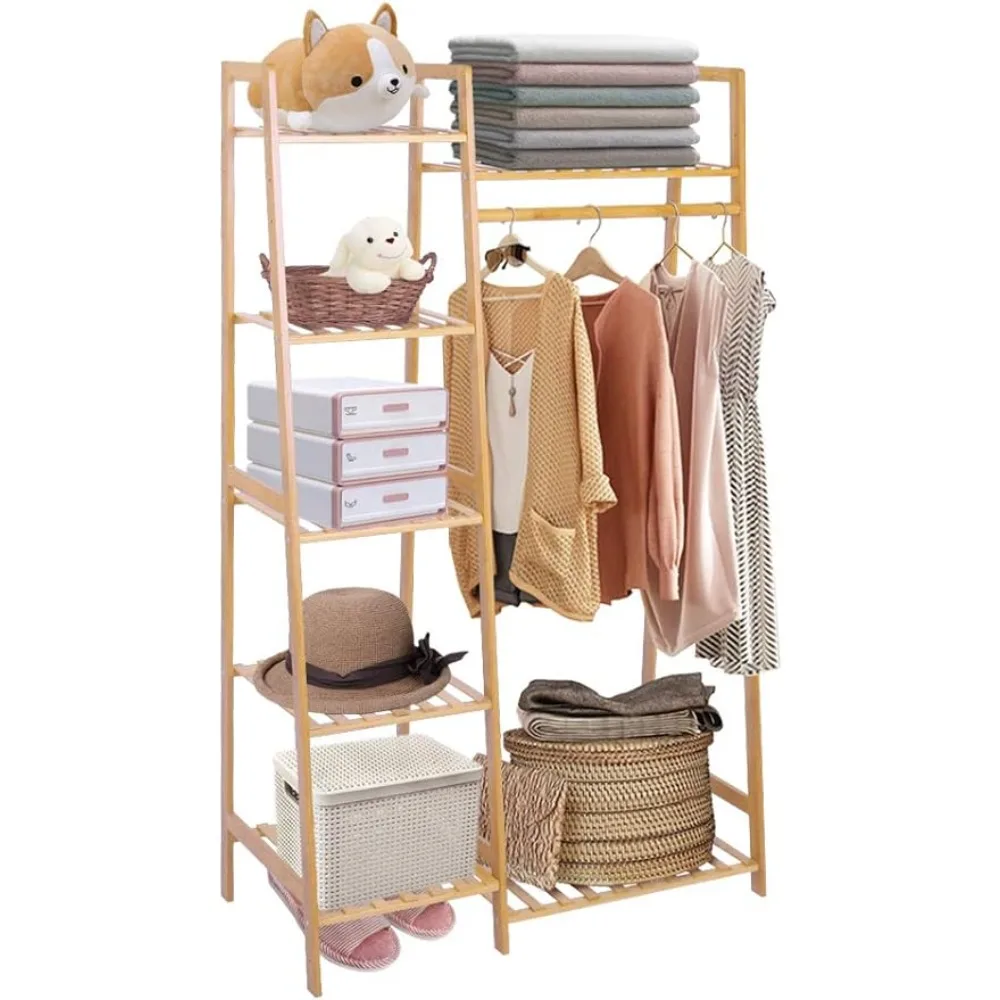 

Ufine Bamboo Garment Rack Storage Shelves Clothes Hanging Rack, Clothing Rack Minimalism Wardrobe Closet Organizer for Indoor