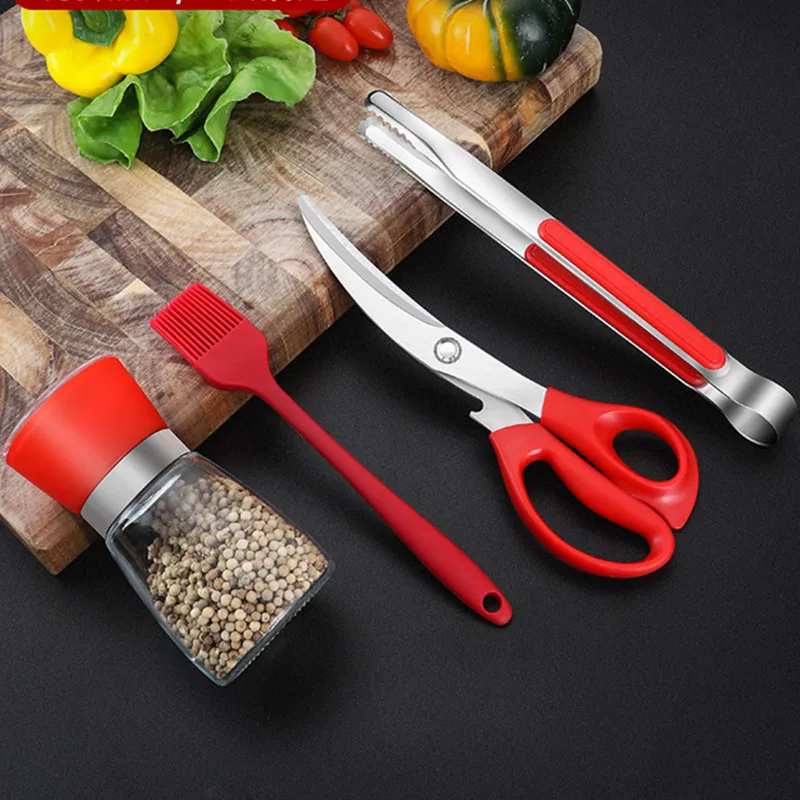 

Four-piece Barbecue Korean Style Scissors Food Clip Seasoning Bottle Grinder Household Kitchen Accessories Barbecue Gadget Set