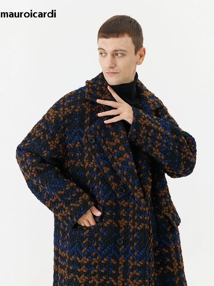 Mauroicardi Autumn Winter Long Loose Stylish Cool Thick Warm Plaid Tweed Woolen Coat Men Double Breasted European Fashion 2023 3