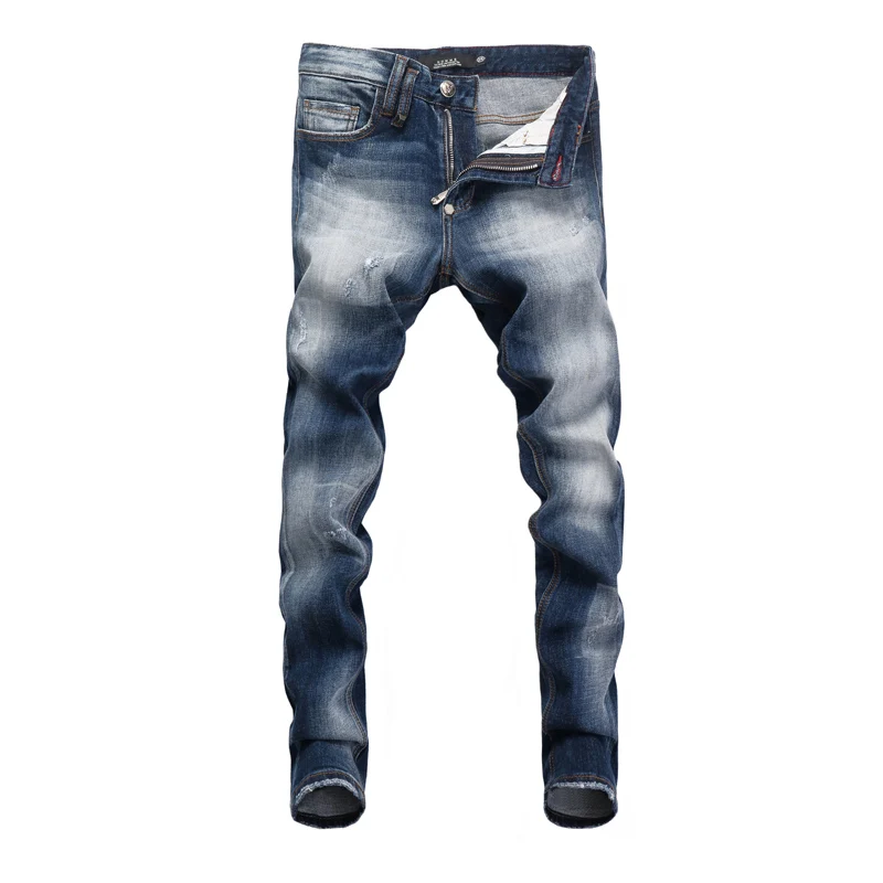 Street Fashion Men Jeans Retro Blue Plain Washed Elastic Slim Fit Ripped Jeans Men Vintage Designer Trousers Brand Pants Hombre