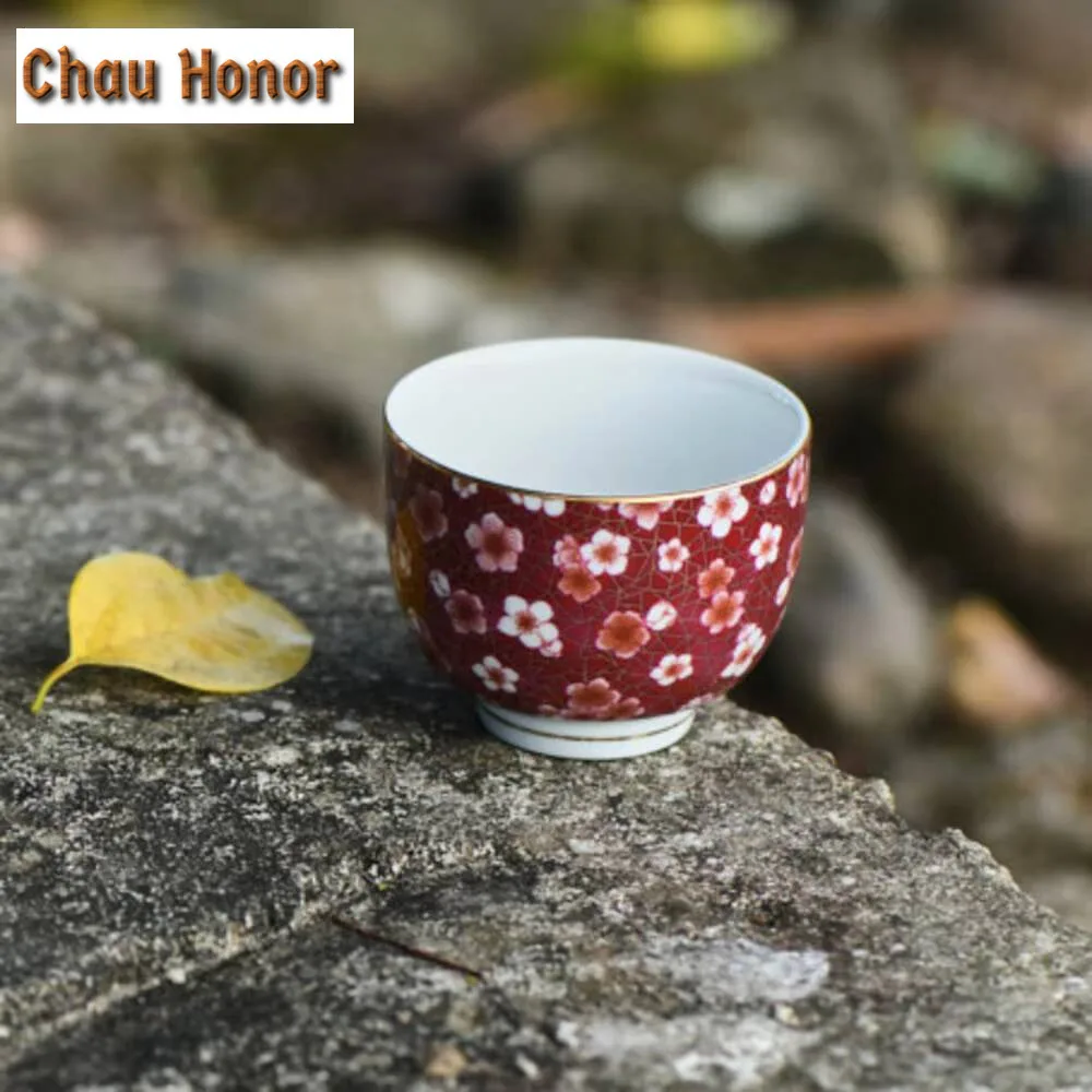 110ml  Antique Plum Blossom Cherry Red Ceramic Tea Cup Luxury Gold Bottom Cup for Tea Personal Cup Bowl Tea Ceremony Gift Box