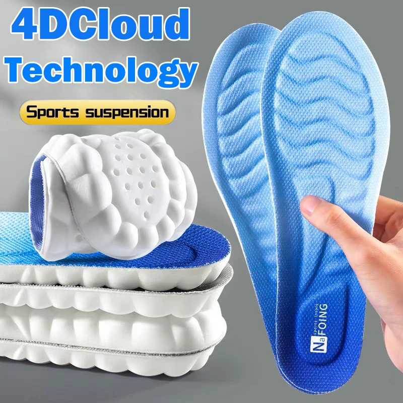 1 Pair 4D Sports Insoles For Men Women PU Sole Soft Breathable Shock Absorption Cushion Running Insoles