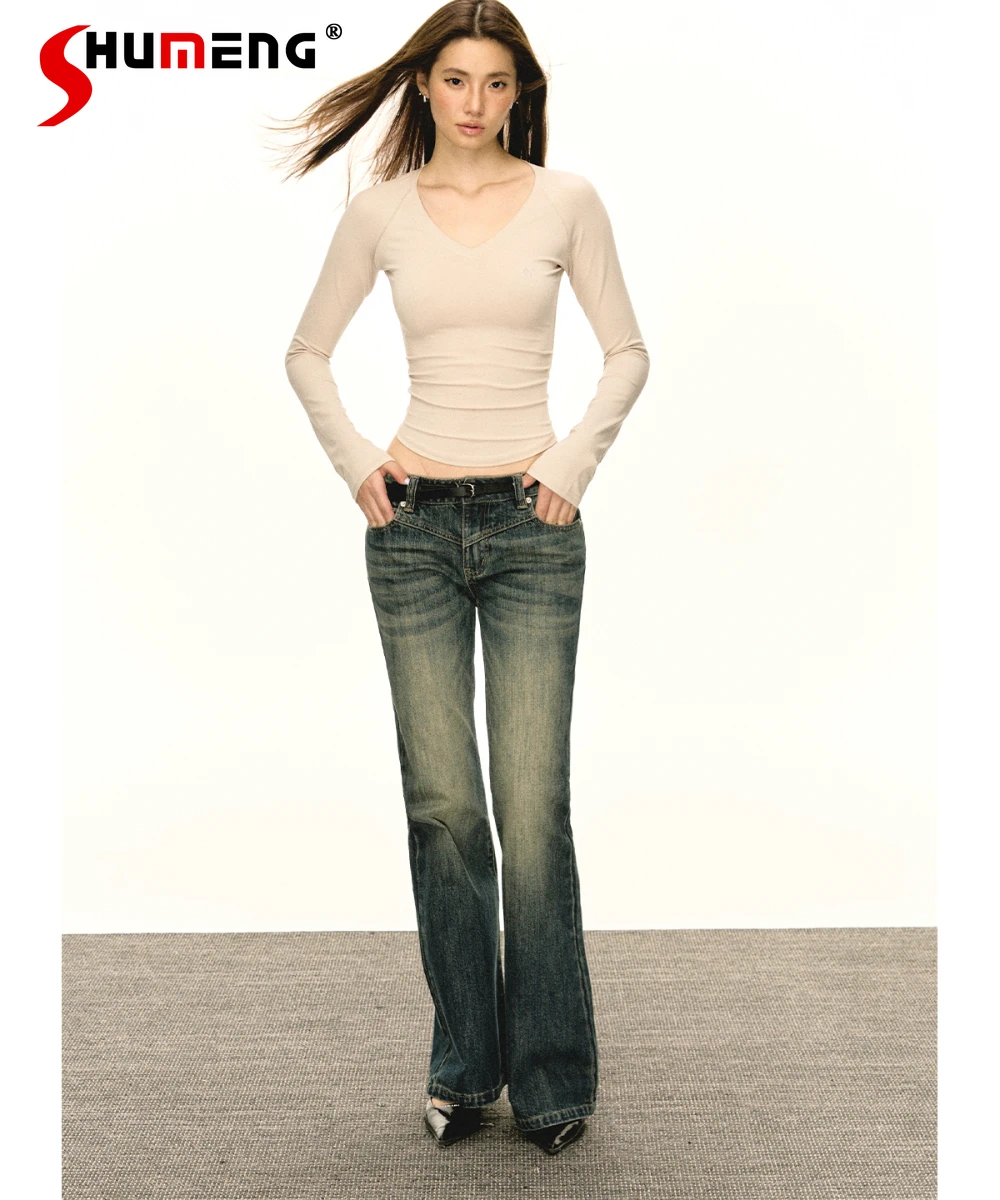 American Retro Straight Jeans Women 2024 Autumn Fashion Low Waist Slim Fit Temperament All-Match Casual Flare Pants Denim Pants