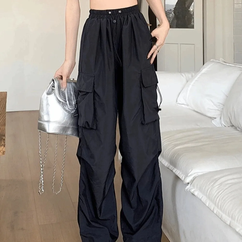 Elasticated Waist Women Drawstring Pants Multi-pockets Hip Hop Wide Leg Pants Black Red Sweatpants Baggy Cargo Pants Yoga