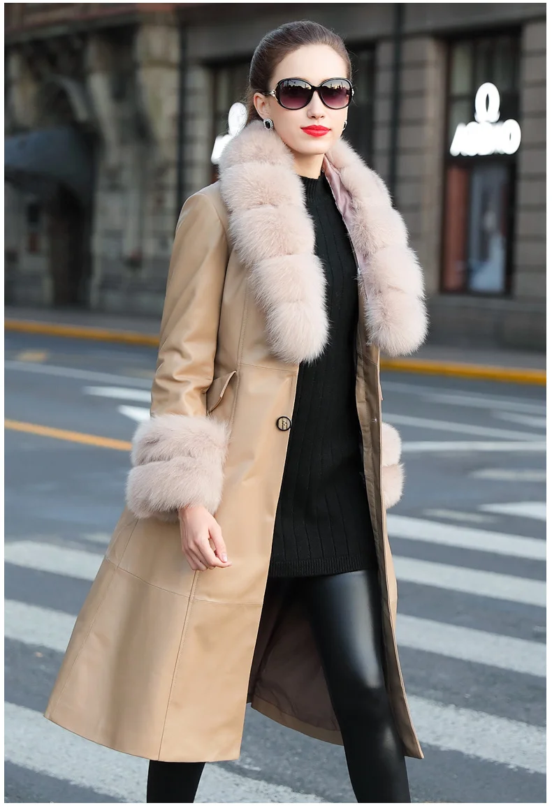 

2023 New Genuine Leather Jacket Women Fox Fur Collar Long Sheepskin Coat Female Warm Winter Down Jackets Korean Femme Veste