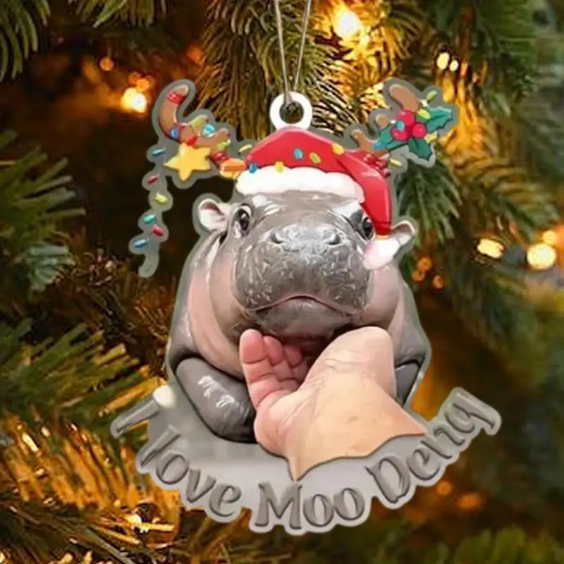 Christmas Jesus Love Moo Deng Keychains Hippopotamus Ornaments 2D Acrylic Decoration Christmas Tree Hangable pendant Keyrings