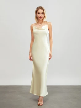 Women Long Bodycon Dress Solid Color Spaghetti Strap Cowl Neck Sleeveless Dress Summer Backless Cami Dress 4