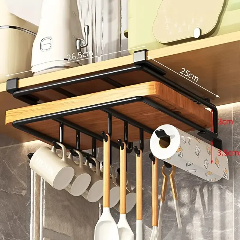 Kitchen Hanging Organizer Rack with Hooks Under Cupboard Paper Towel Rags Hanger Cutting Board Pot Cover Holder Storage Shelf 3