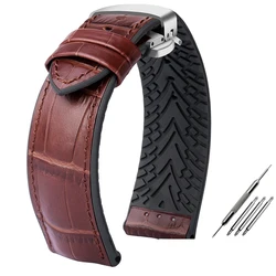 Premium Waterproof Leather & Silicone Watch Strap - 20mm/22mm - 24mm (B - Brown - gold)
