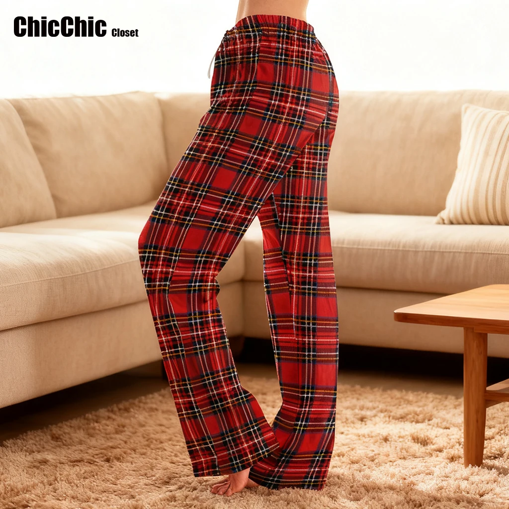 النساء السراويل واسعة الساق حزام الإناث عادية منقوشة عيد الميلاد مرونة الخصر السراويل الطويلة فضفاضة الكاحل طول المنزل السراويل 2YK بيجامة