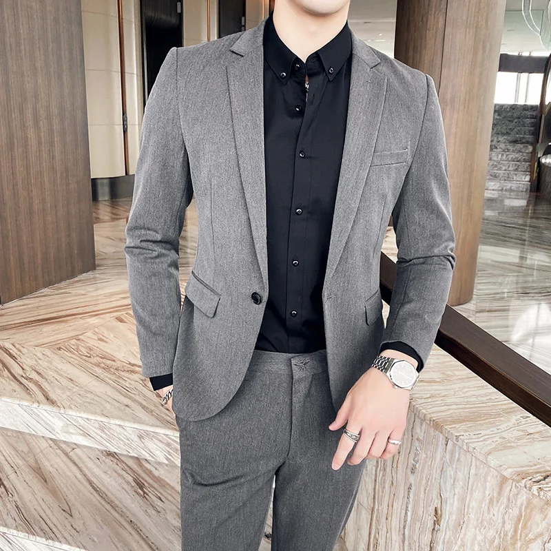 [Jacket + Pants] Fashion boutique pure color Slim men\'s casual business three-piece suit groom wedding stage tuxedo Size S-7XL
