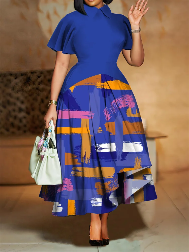 Wmstar Plus Size Dresses for Women Wholesale Patchwork Print Lapel Leaf Sleeve Dress Large Skirt African Dress Dropshopping