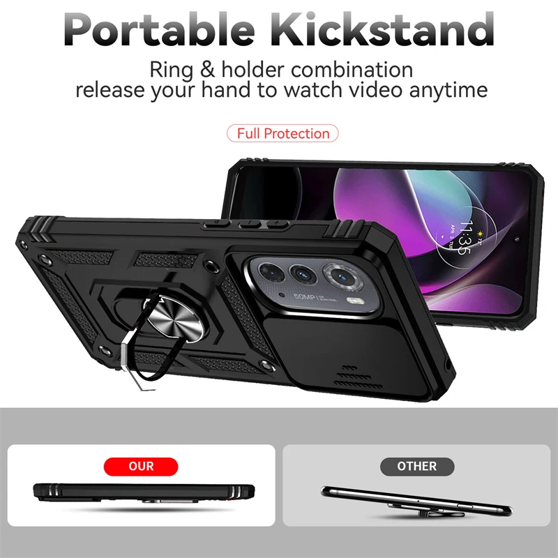 Motorola Moto Edge 2022 케이스 슬라이드 카메라 Motorola Edge 2022 용 전화 케이스 보호 6.6 자동차 마그네틱 홀더 링 뒷면 커버