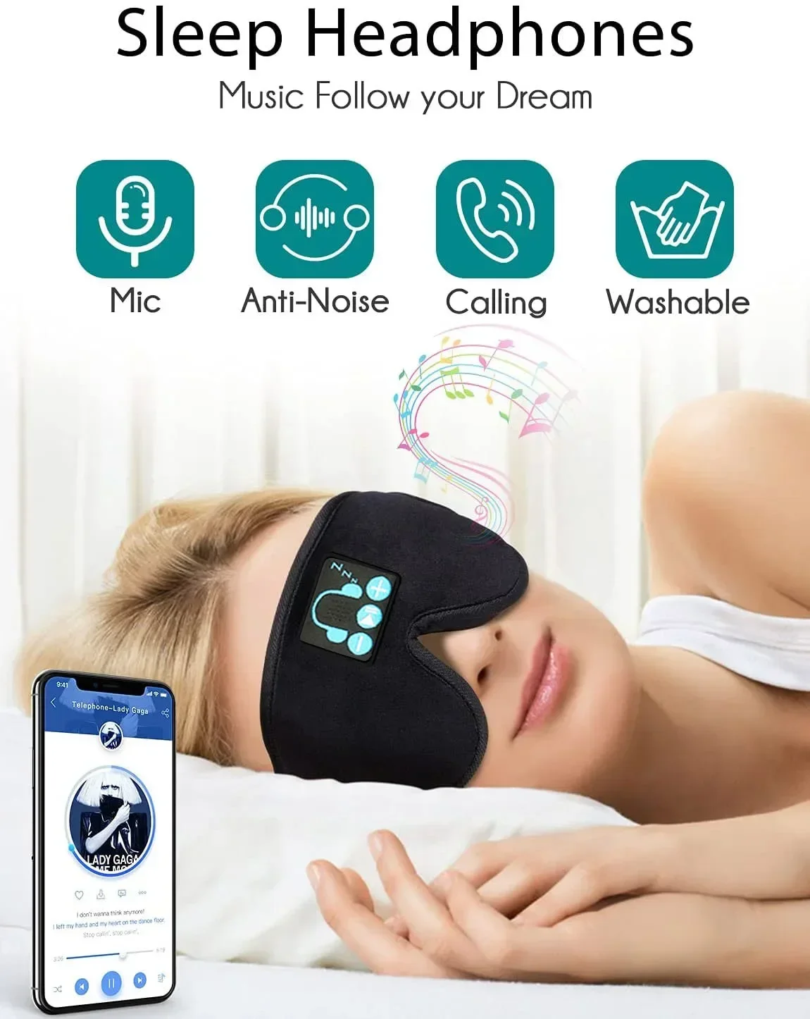 MUSICOZY Sleep Headphones Bluetooth Headband Sleeping Headphones Sleep Mask, Wireless Sleep Mask Earbuds for Side Sleepers Men Women Office Nap Air