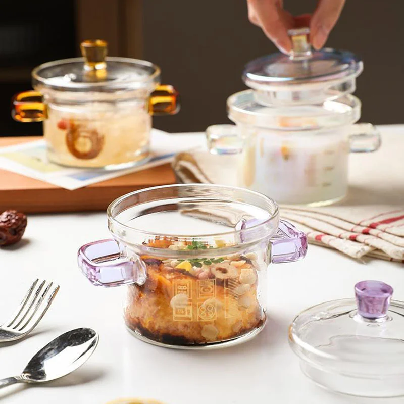 Pink Glass Pan Borosilicate Heat-resistant Binaural Soup Pot Transparent Household Stew Pot Cooking Cookware Kitchen Accessories