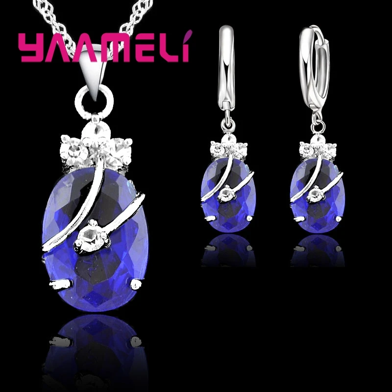 Jewelry Sets For Women 925 Sterling Silver Crystal Stone Pendant Charms Wedding Necklace Hoop Earrings