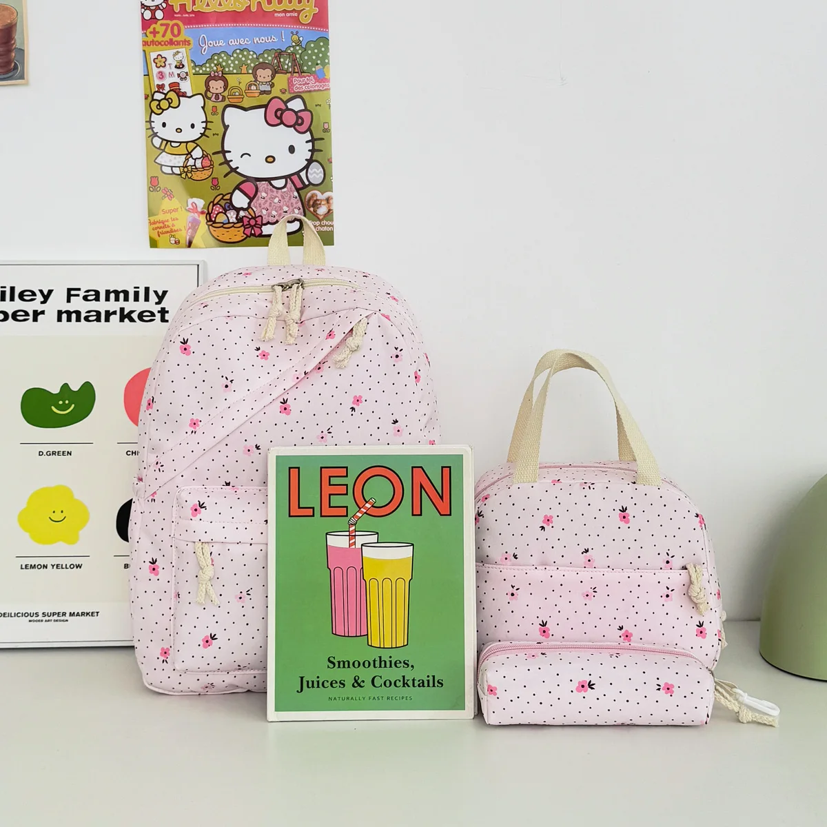Youth Polka Dot Strawberry Print Three Piece Backpack Set Lightweight Multifunctional Slanted Zipper Backpack Campus Outdoor 3