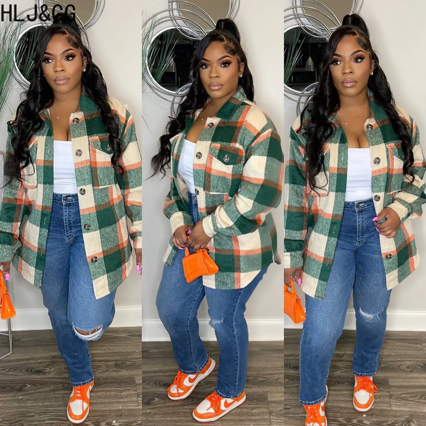 Куртка женская клетчатая на пуговицах с отложным воротником и длинным рукавом