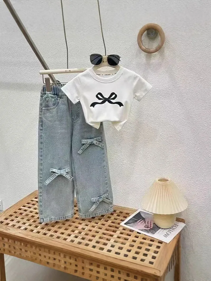 Girls Summer Cotton Clothes Set Color Blocked Top Jeans
