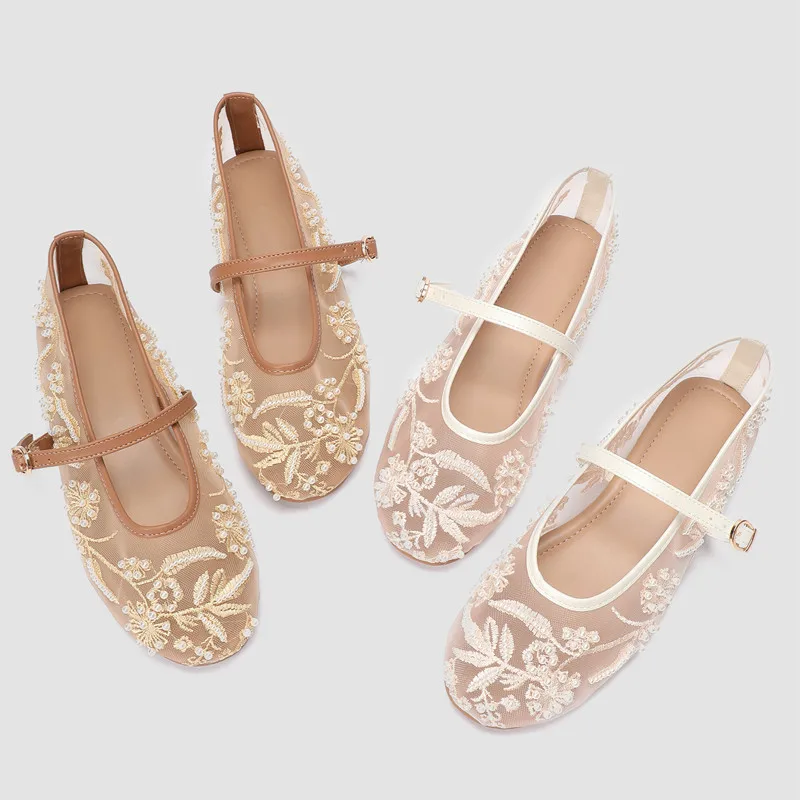White Pearl Mesh Embroidery Ballet Flats Women Elegant String Bead Flat Sandals Light Summer Mary Jane Shoes Zapatos De Mujer 1 White Pearl Mesh Embroidery Ballet Flats Women Elegant String Bead Flat Sandals Light Summer Mary Jane Shoes Zapatos De Mujer