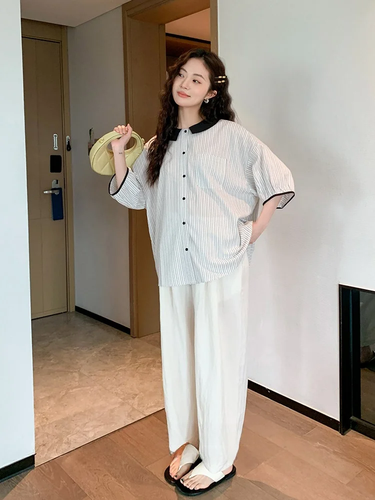 느슨한 한국 스타일 출산 셔츠 반팔 베이비 인형 칼라 스트라이프 컬러 블록 임산부를위한 여름 유행 탑