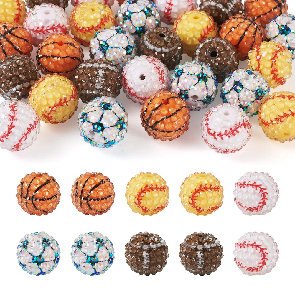 30Pcs Sport Resin Rhinestone Beads Basketball Football Baseball Round Loose Spacer Chunky Beads Charms for Jewelry Making 20mm