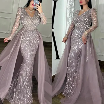 Customized Luxurious Crystal Mermaid Evening Dress With Train V Neck Long Sleeves Beaded Prom Dress Arabic Muslim Formal Dresses 1