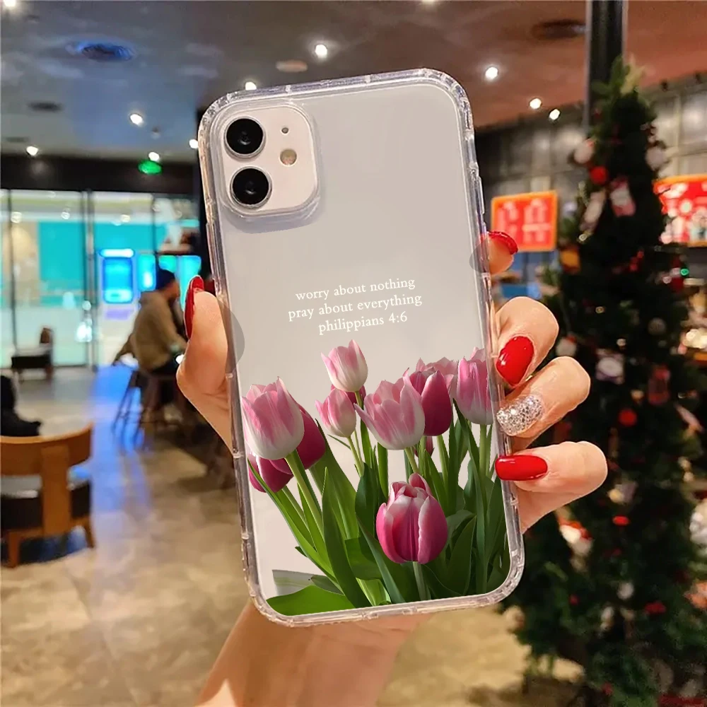 Pink Tulip Pattern Transparent Silicone Phone Case