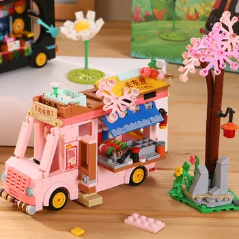 여아용 미니 부품 도시 나들이 버스, 친구 캠핑 밴, 공주 음식 아이스크림 트럭 거리 빌딩 블록 장난감