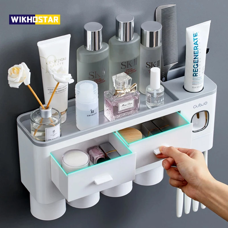 WIKHOSTAR Magnetic Adsorption Inverted Toothbrush Holder Automatic Toothpaste Dispenser Storage Rack Bathroom Accessories Set