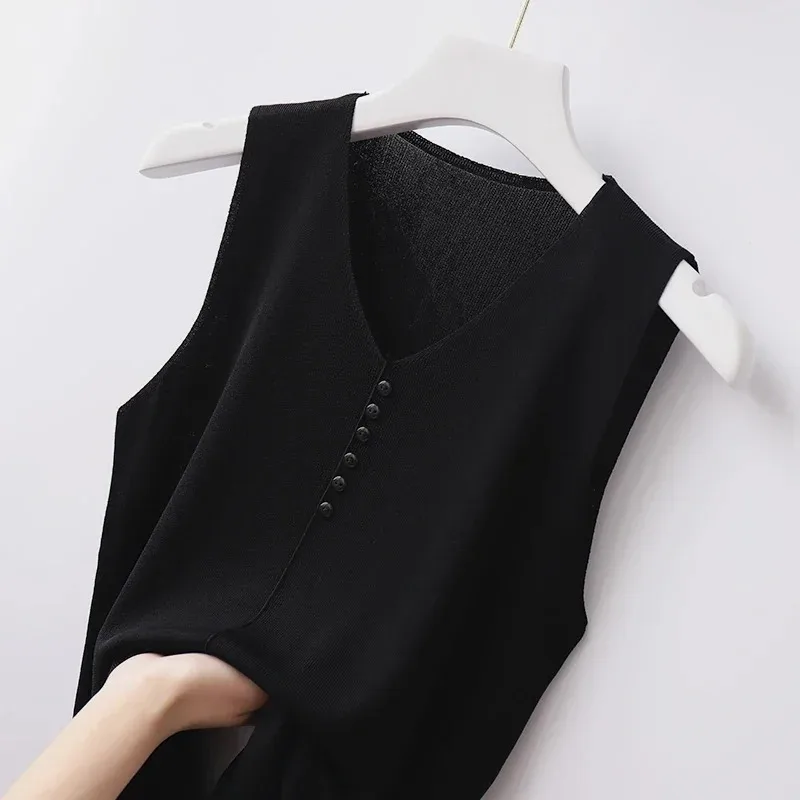 Sleeveless Knitted Vest for Women Ice Silk V-neck Solid Color Thin Summer Tops New 2025 10098
