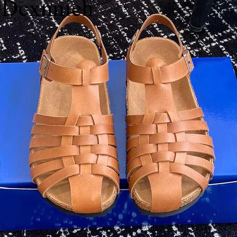 

New Genuine Leather Knitted Sandals for Women's Roman Hollow Flat Sandals Women's Summer Outdoor Vacation Leisure Beach Shoes