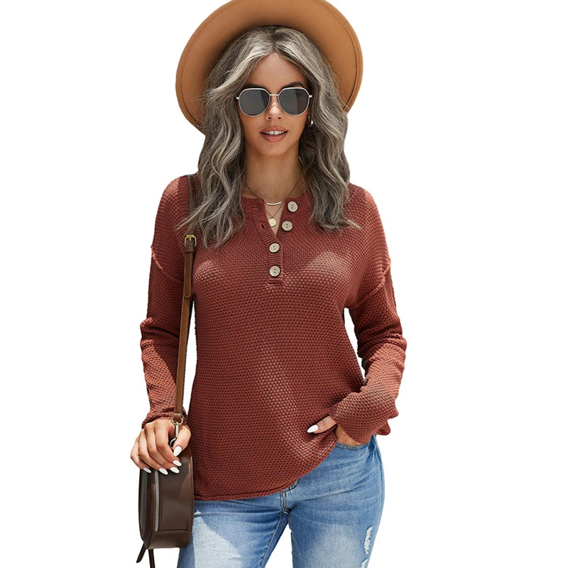 

Women's Blouse V-neck Hot Casual Loose Sweater Solid Color Autumn Winter Shirt Long Sleeve Button Half Open Bottomed Top